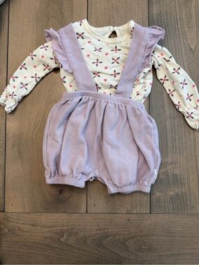 Burt's Bees Lavender Knit Suspender Bubble Romper with Floral Tee
